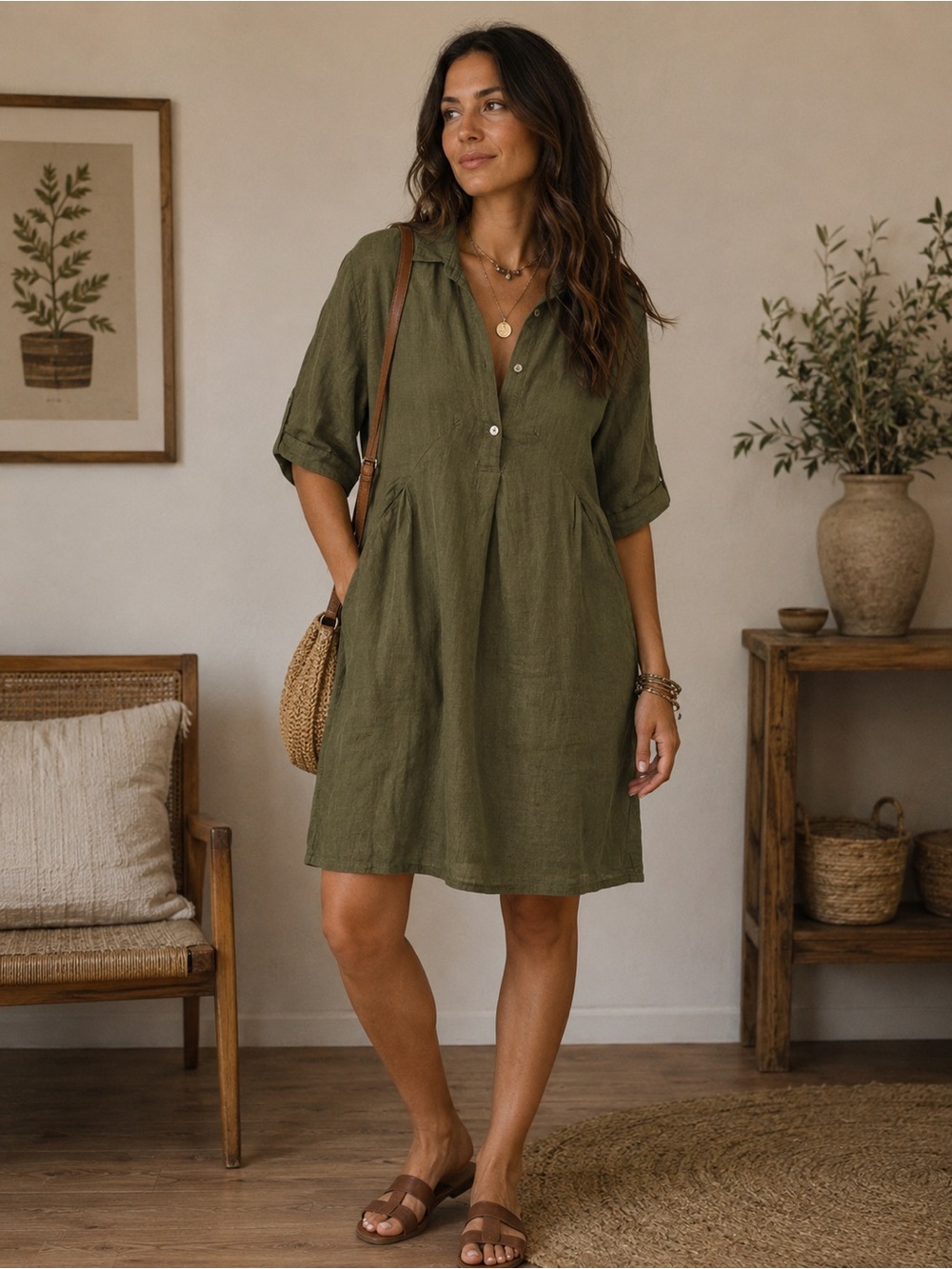 Elena Baldi Made in Italy Pure Linen Olive Green Boho Cottagecore Dress NWT